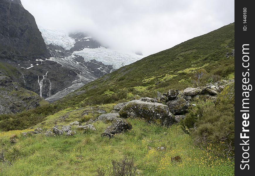 Very close glacier on southern Island of New Zealand