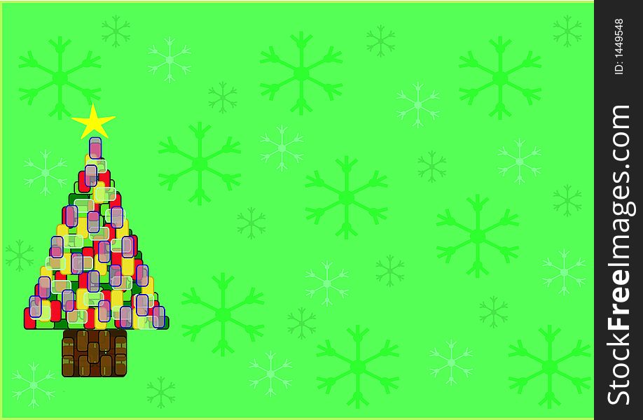 A simple christmas tree made of stained glass against a green background of snowflakes. A simple christmas tree made of stained glass against a green background of snowflakes.