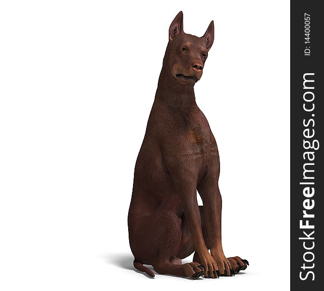 Doberman Dog. 3D rendering with clipping path and shadow over white