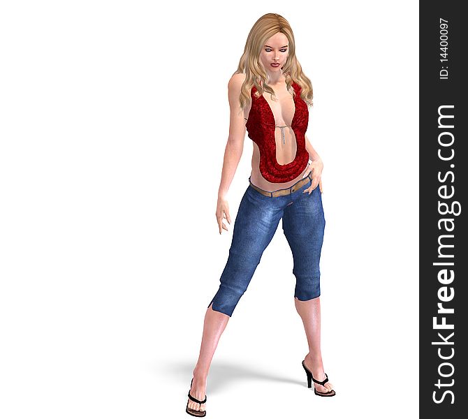 Young and attractive woman posing in shirt and jeans. 3D rendering with clipping path and shadow over white. Young and attractive woman posing in shirt and jeans. 3D rendering with clipping path and shadow over white