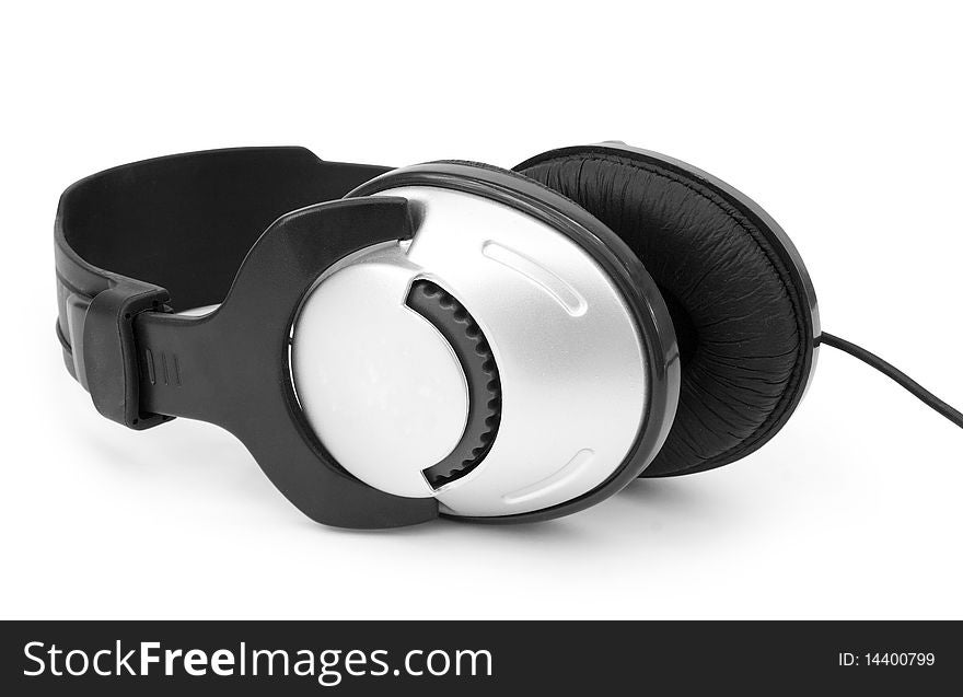 One silver headphones isolated on white background