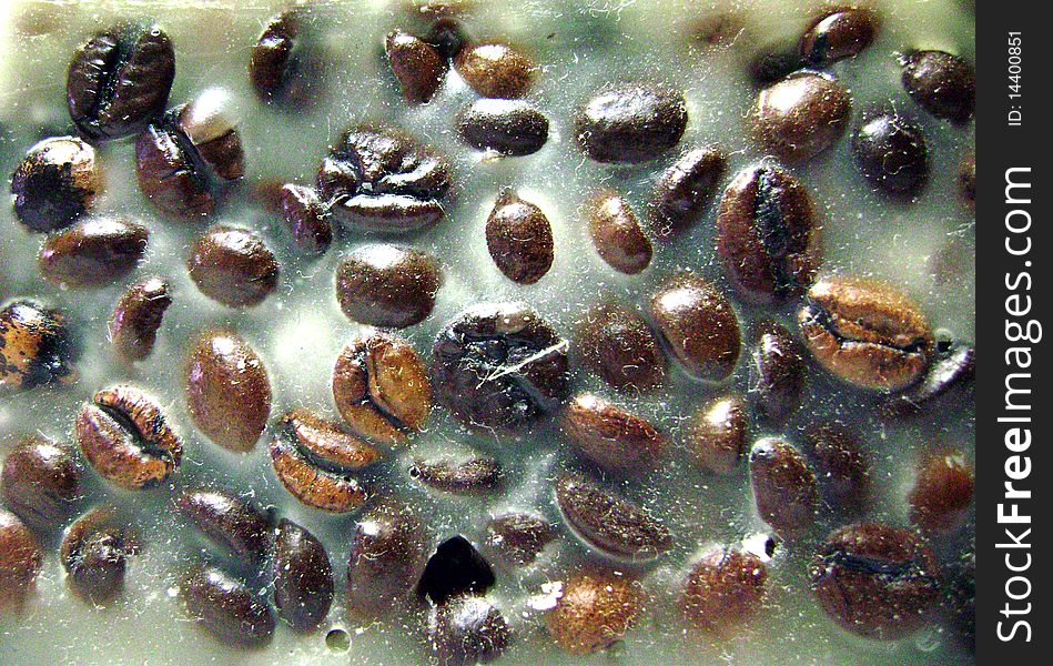 Close look at coffee beans in a wax for decoration. Close look at coffee beans in a wax for decoration.