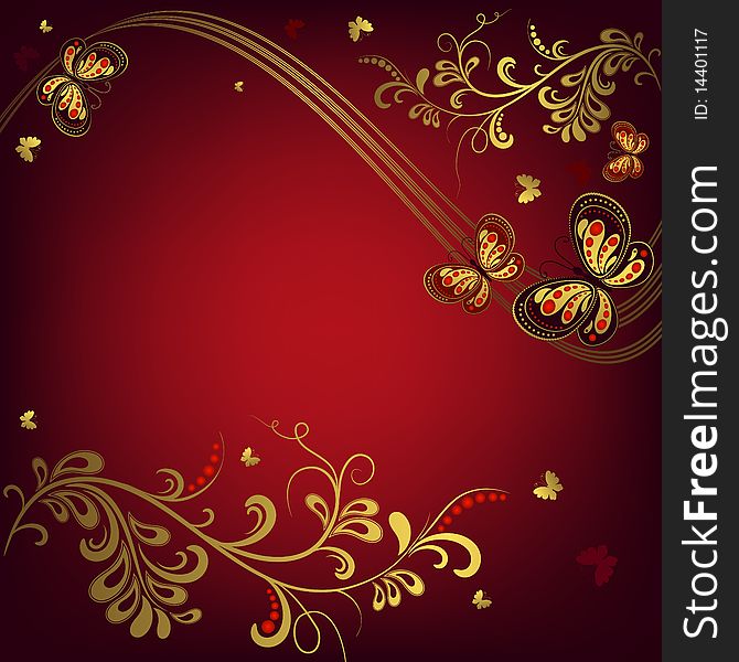 Decorative floral red and golden background with curls and butterflies (vector). Decorative floral red and golden background with curls and butterflies (vector)