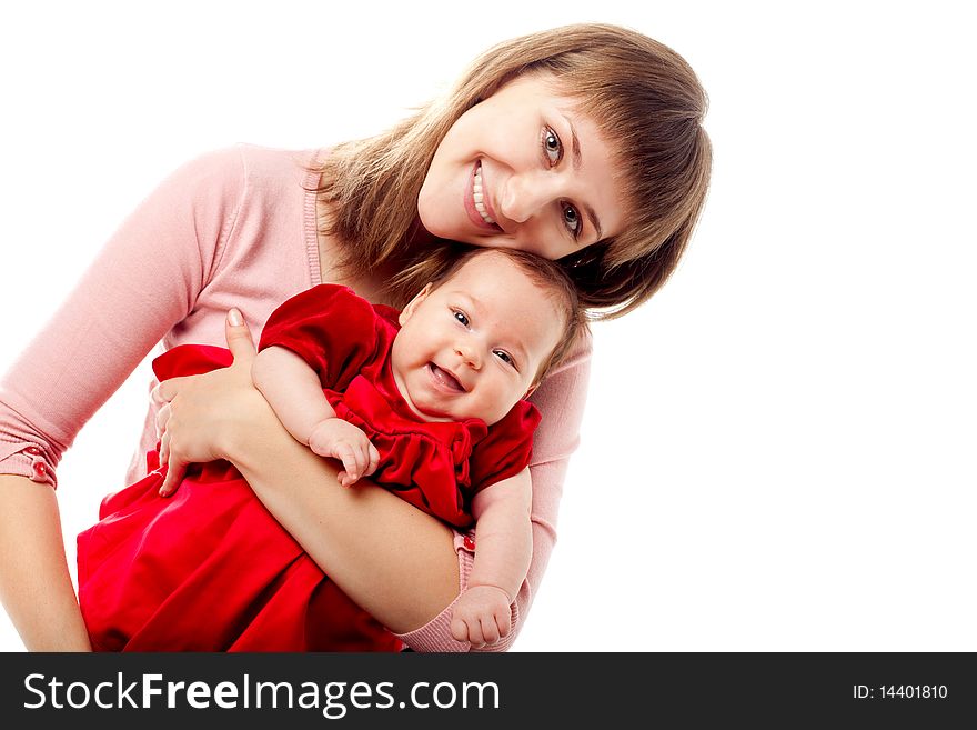 Happy mother with her baby daughter isolated on white. Happy mother with her baby daughter isolated on white