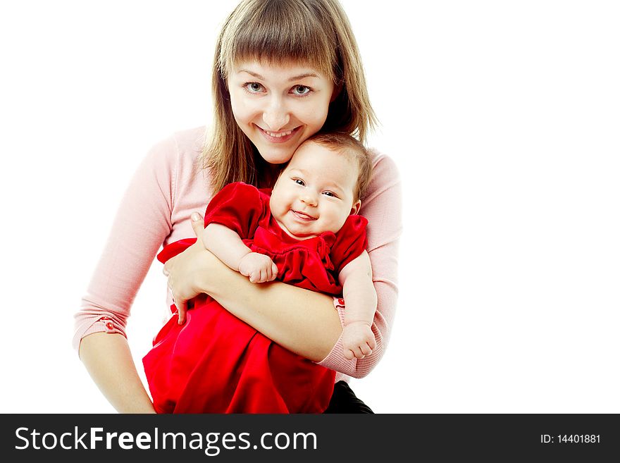 Happy mother with her baby daughter isolated on white. Happy mother with her baby daughter isolated on white