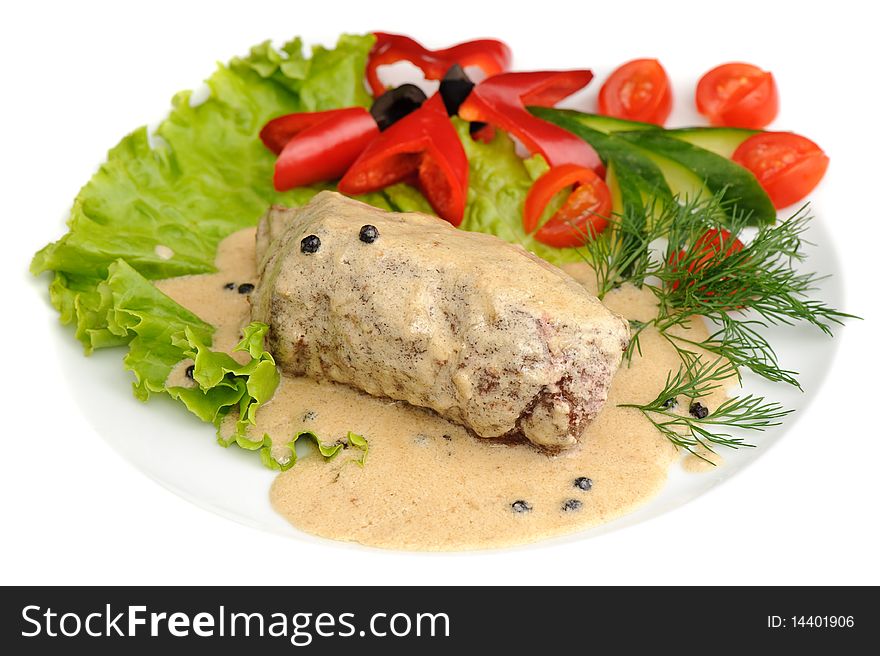 Prepared meat fillet Pepe Verde on the white plate, isolated