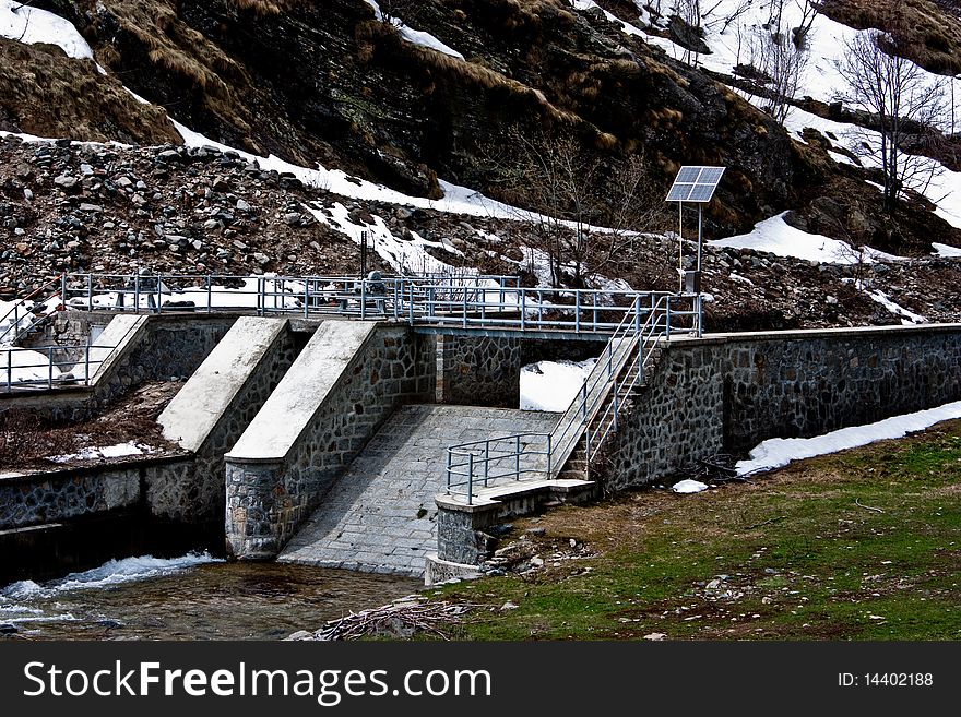 Dam with solar panel in Parco del Gran Paradiso, Italy. Dam with solar panel in Parco del Gran Paradiso, Italy