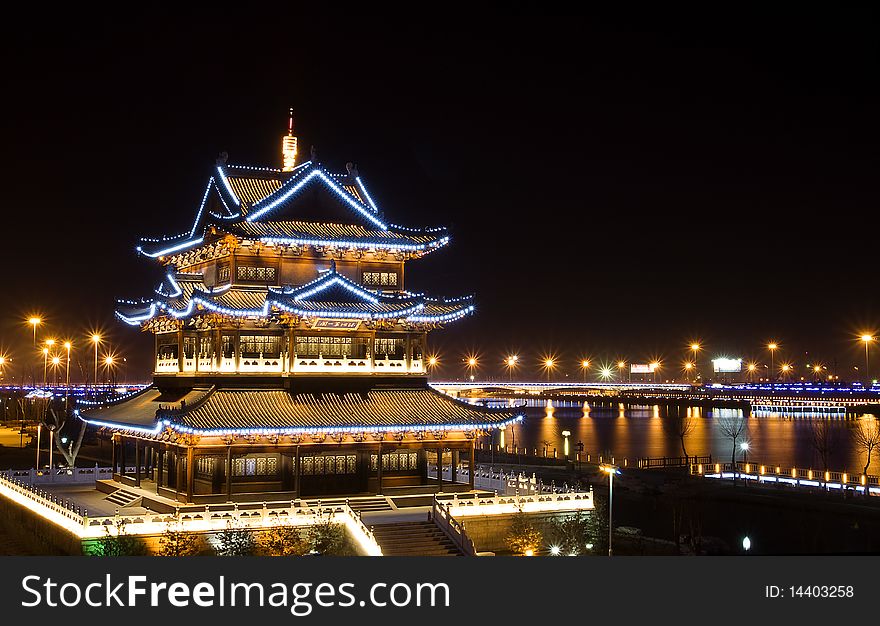 Chinese-style loft,Riverside park at night. Chinese-style loft,Riverside park at night.