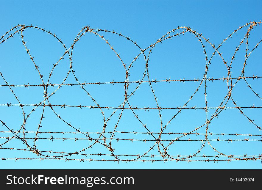 Fragment of barbed wires on blue sky background