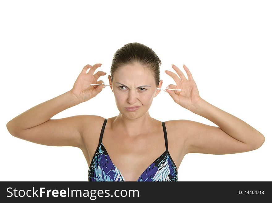 Woman cleans ears two cotton buds isolated in white