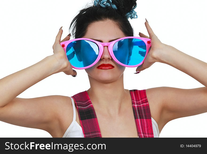 Funny Girl Wearing Large pink Eyeglasses