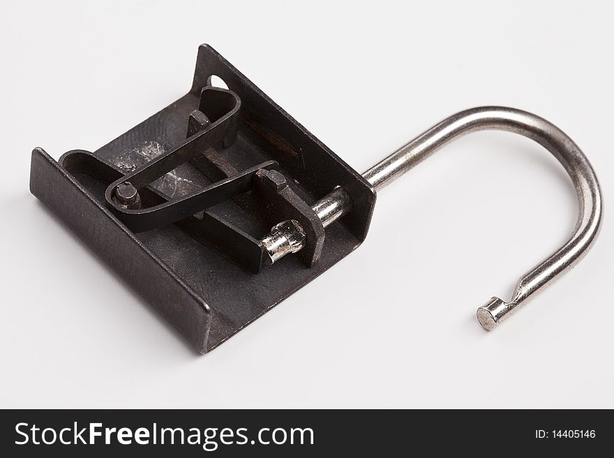 Closeup of an open padlock, isolated on white.