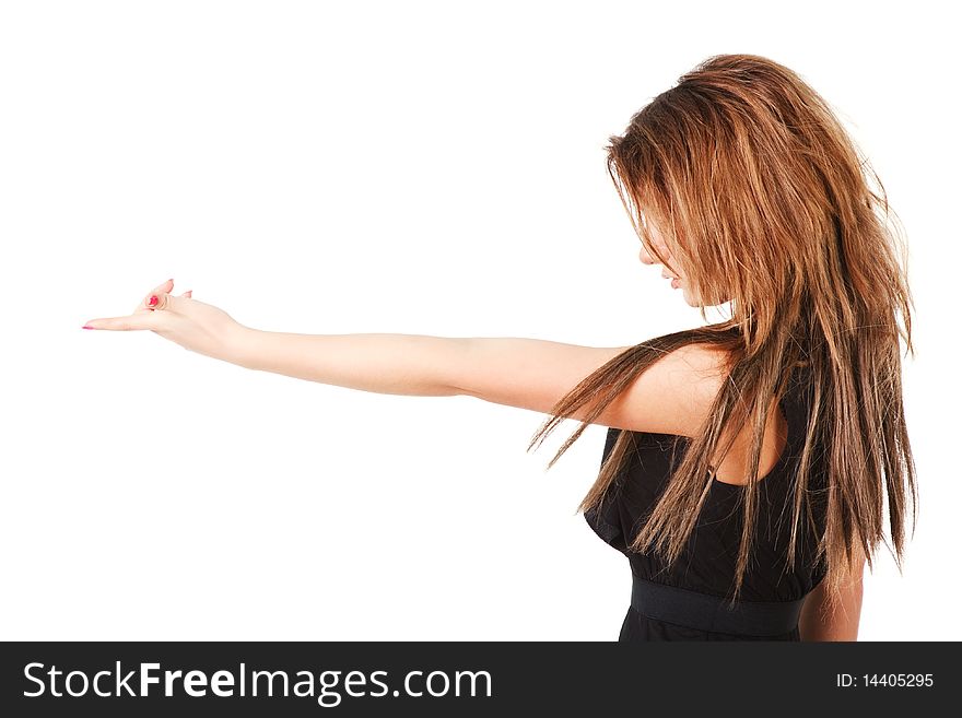 Picture of a young attractive girl in black dress on white background.