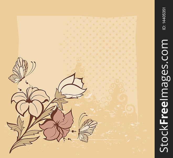 Grunge background with flowers and butterfly. Beautiful illustration.