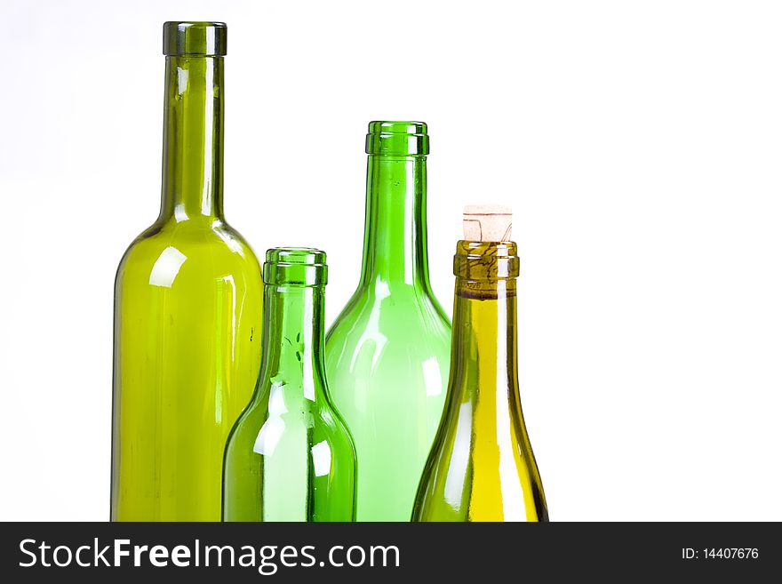 Green wine bottles on white background