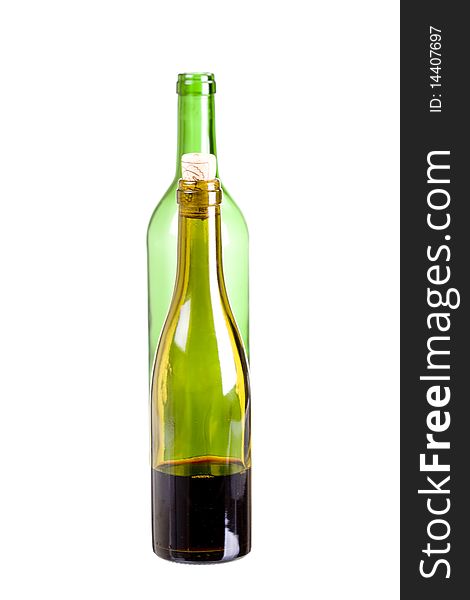 Green wine bottles on white background