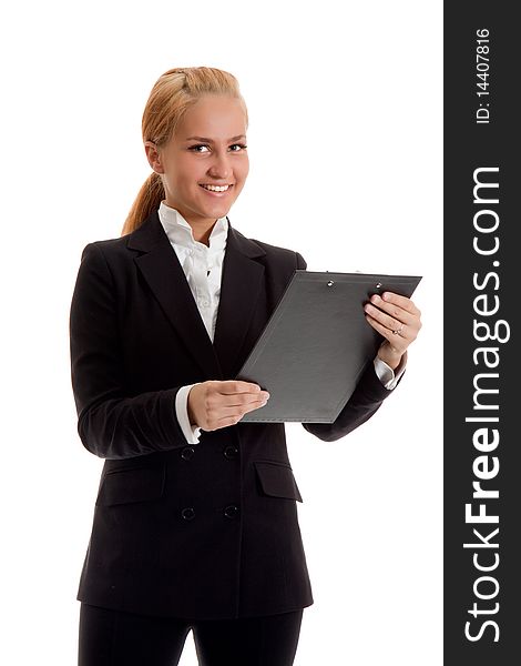 Businesswoman with folder in hand, studio shot, white background isolated