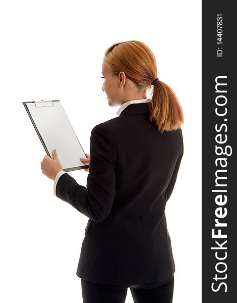 Businesswoman with folder in hand, studio shot, white background isolated