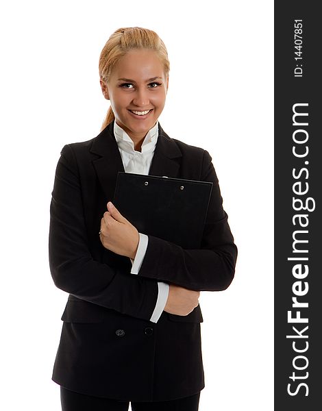 Businesswoman with folder in hand, studio shot, white background isolated