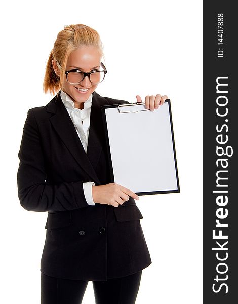 Businesswoman with folder in hand, studio shot, white background isolated