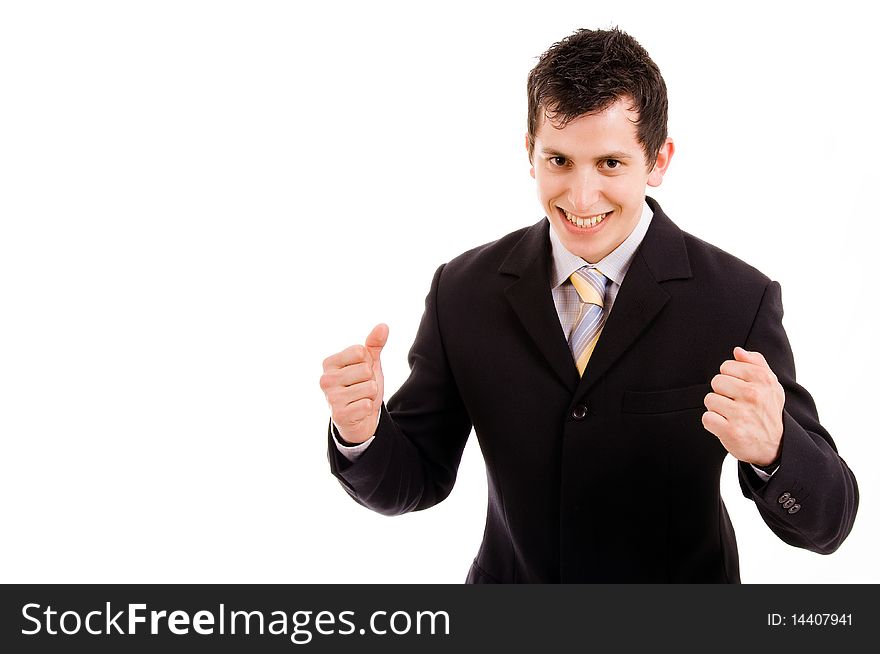 Happy energetic businessman with his arms raised, isolated on white