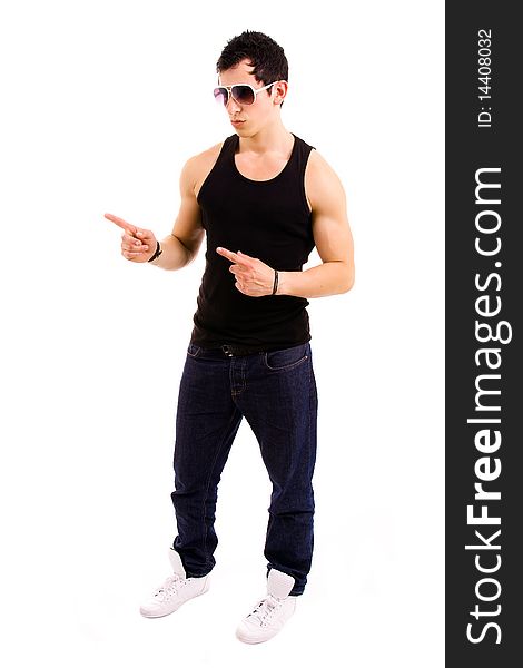 Stylished young man full body wearing sunglasses on white background