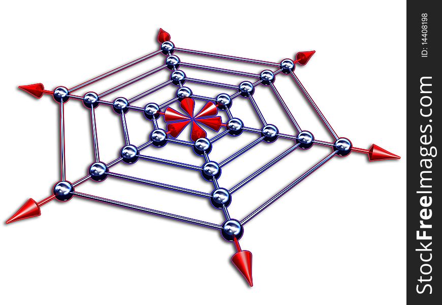 On 3d abstract image render of silver net whith red arrows. On 3d abstract image render of silver net whith red arrows