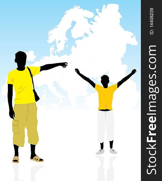 Two masculine silhouettes on a background the map of Europe. Illustration