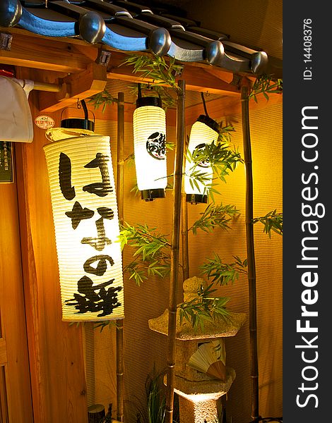 Decorative Japanese lanterns with ornamental bamboo, lanterns, and a Japanese fan