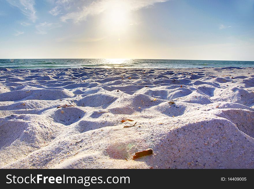 White sand beach in Florida at sunset. White sand beach in Florida at sunset