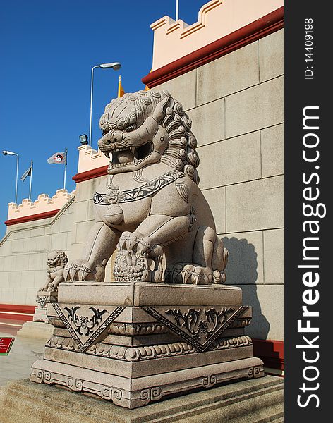 Chinese stone lion at the entrance of Chinese Temple.