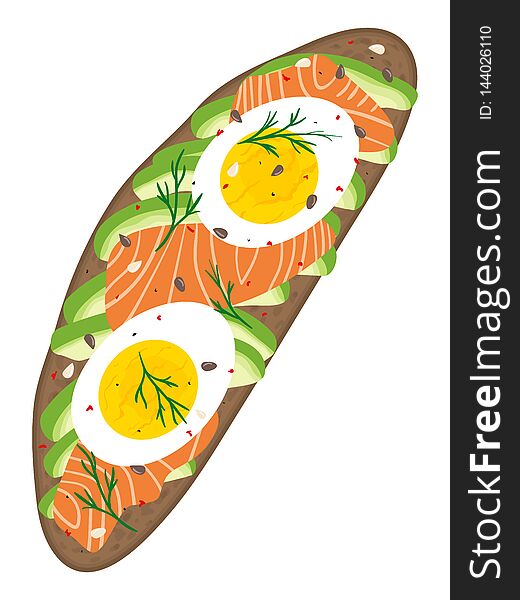 Avocado, salmon and egg on dark rustic bread. Delicious avocado, lox and egg sandwich. Vector illustration.
