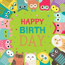 Owl Pattern Vector Illustration. Welcome To My Birthday. Make A Wish. Cute Cartoon Wise Birds With Wings For Invitations Royalty Free Stock Photo