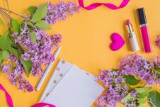 Flat Lay Desk With Lilac Branches Royalty Free Stock Photography