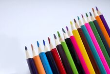 Color Pencils On A White Background, A Line Of Colored Pencils. Set Of Pencils. Children`s Creativity. Drawing With Pencils Royalty Free Stock Photo