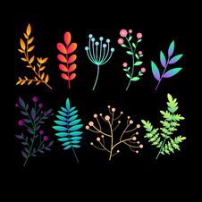Set With Original Bright Gradient  Abstract Plants, Branches And Leaves. Colorful Botanical Pattern Collection Icons For Design. Stock Photo