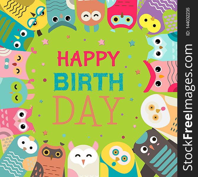 Owl pattern vector illustration. Welcome to my birthday. Make a wish. Cute cartoon wise birds with wings of different colors for invitations and celebration party. Happy birthday. Stars and confetti. Owl pattern vector illustration. Welcome to my birthday. Make a wish. Cute cartoon wise birds with wings of different colors for invitations and celebration party. Happy birthday. Stars and confetti.