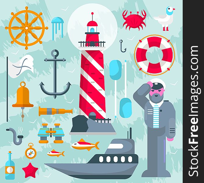 Nautical vector design elements with boats, helms and lighthouses for summer baby showers and invitations. Nautical vector design elements with boats, helms and lighthouses for summer baby showers and invitations