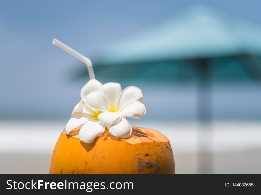 Fresh young orange coconut with a tube for drinks and Plumeria flowers in a tropical resort near the ocean