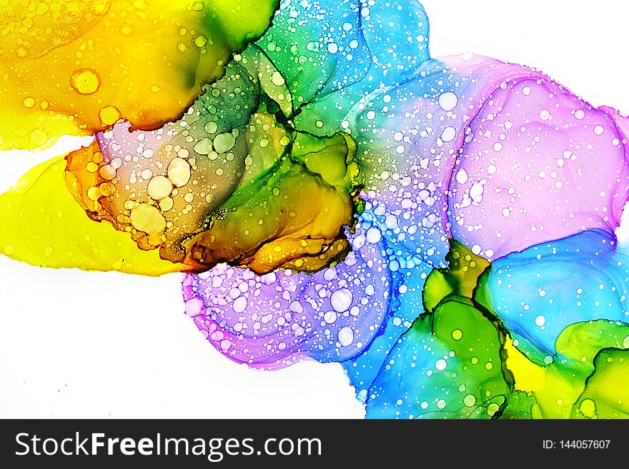 Part of original alcohol ink painting on white background colorful wallpaper pattern texture abstract shape water flow design swirl illustration bright watercolor decoration liquid light motion smoke marble artistic creative yellow modern drop textured creativity splashing fluid veil fine contemporary green pink scroll purple blue drops