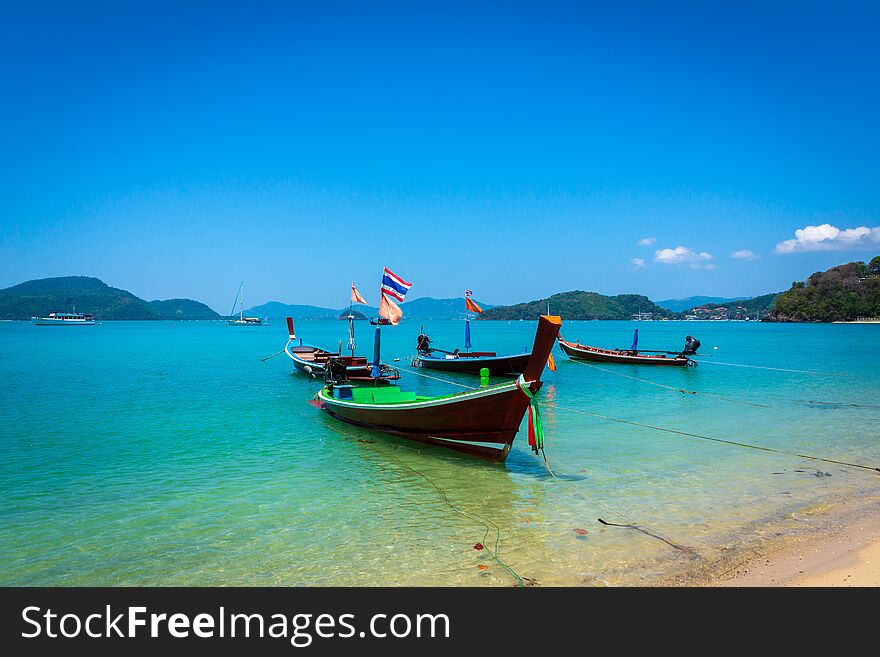 Long Tail Boats On The Tropical Beach, Andaman Sea, Thailand