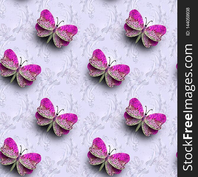 Pink butterflys on pattern, watercolor drawing, soft background