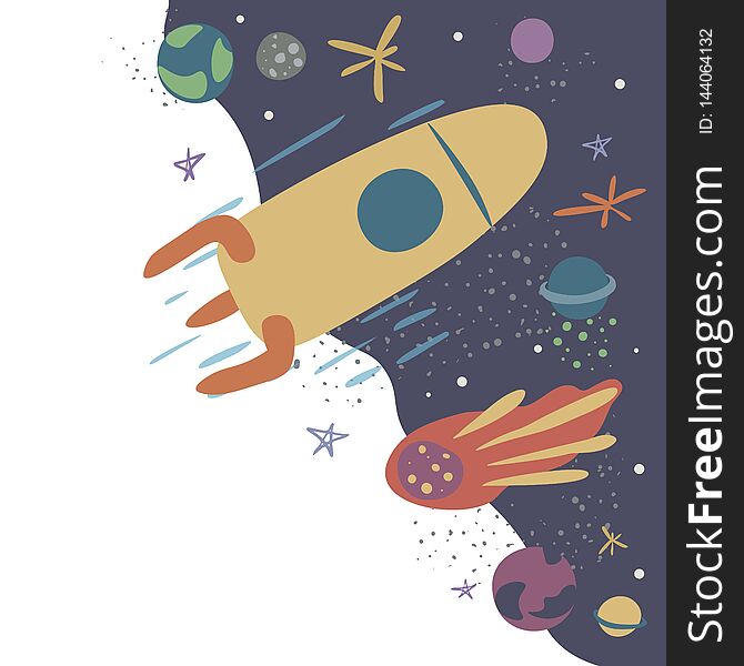 Vector illustration with rocket, comet,stars and planets. Spaceflight, space exploration