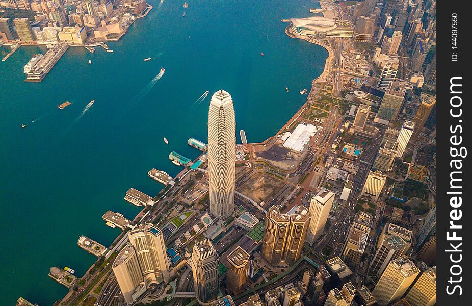 Aerial view of Hong Kong Downtown, China. Financial district and business centers in smart city in Asia. Top view of skyscraper