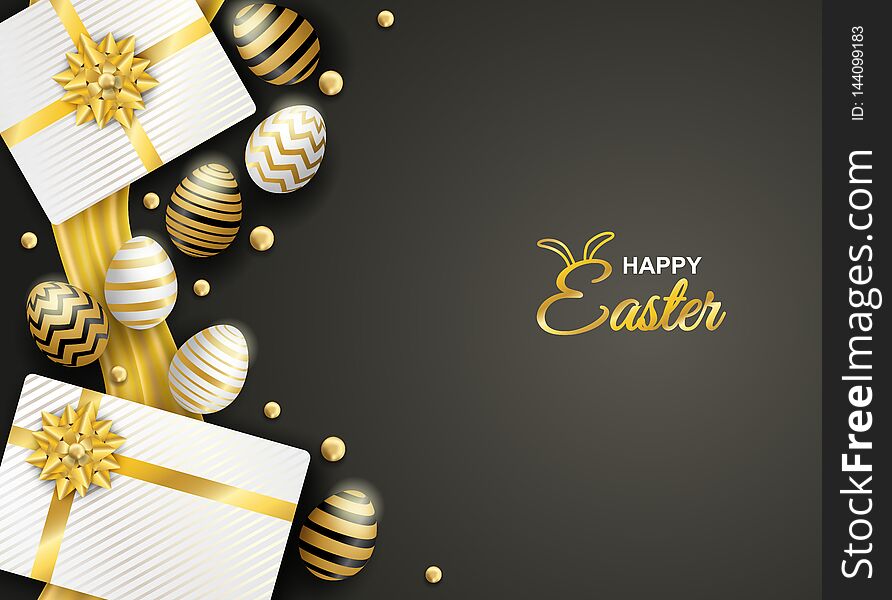 Happy Easter Celebration. Golden,white Easter Egg On Black Background ,light And Shadow . Vector