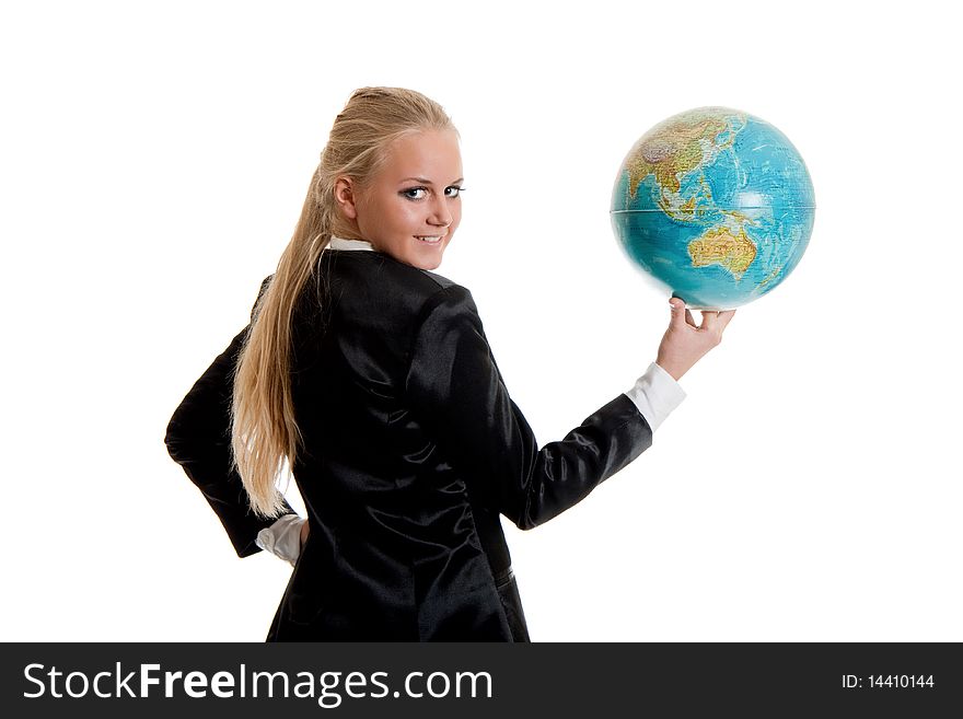 Businesswoman holding globe in hand, isolated photoin studio