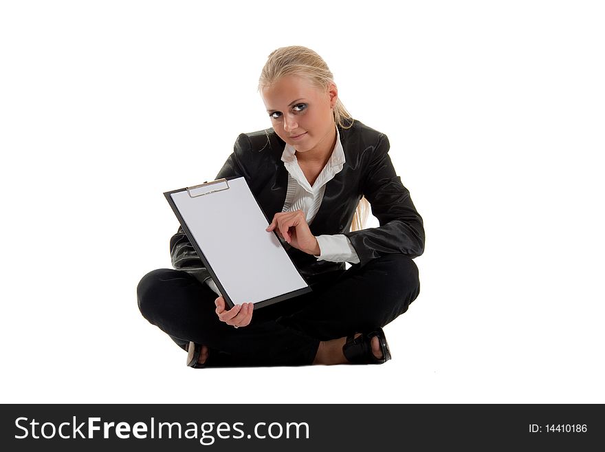 Businesswoman with folder siting, white background, isolated in studio