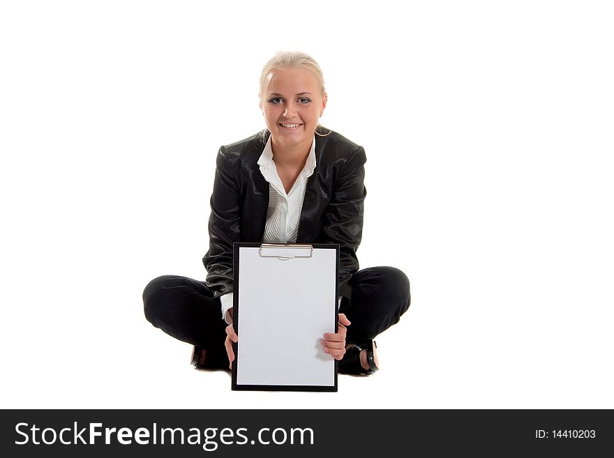 Businesswoman with folder siting, white background, isolated in studio