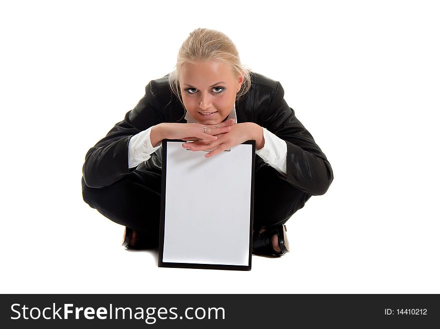 Businesswoman with folder siting, white background, isolated in studio