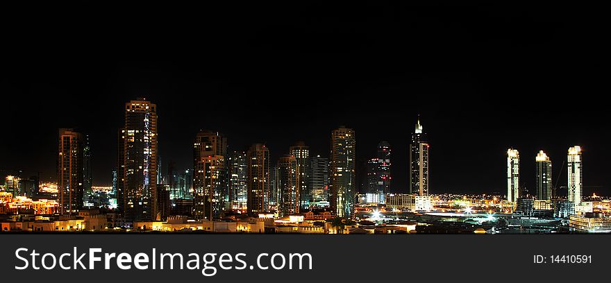 Panoramic shot of Dubai downtown at night. Panoramic shot of Dubai downtown at night
